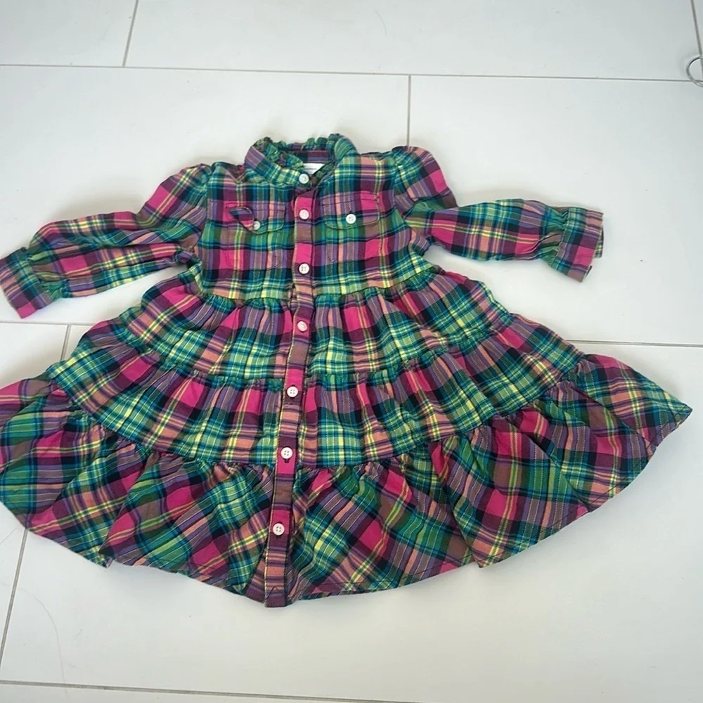 Ralph Lauren Dress Baby Girls Size 12m Pink Mixed Plaid Button Down Mock Neck